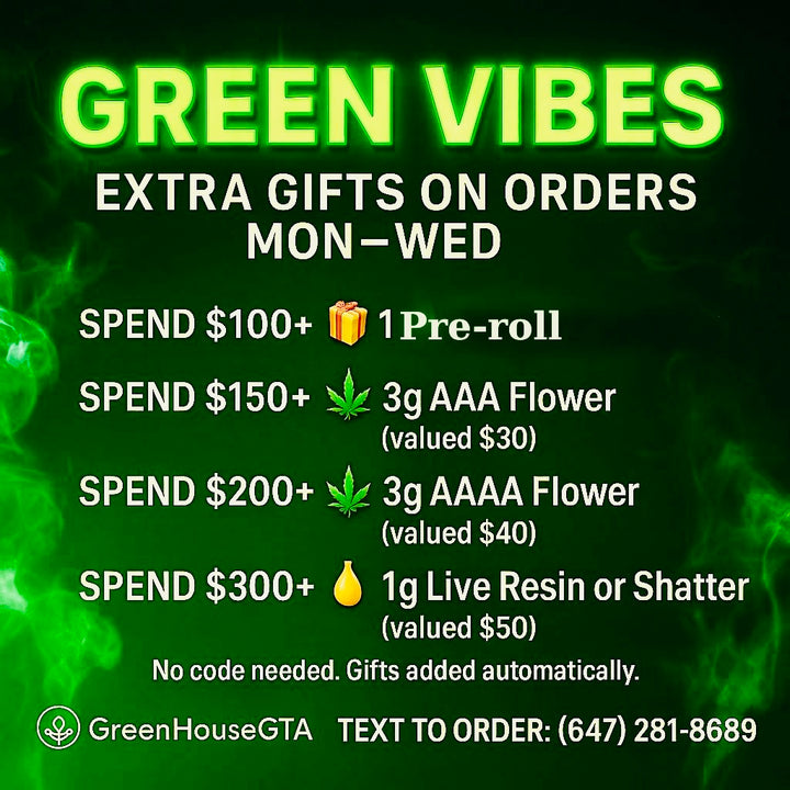Green Vibes weed deal Toronto – free bonus gifts on $100+ orders including Raw papers, AAA flower, AAAA, and Live Resin – GreenHouseGTA