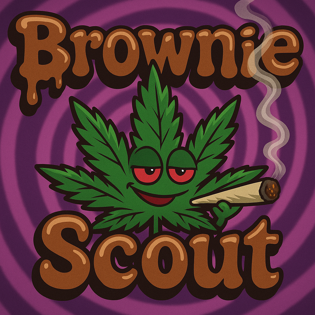 Brownie Scout indica AAA budget strain artwork – cartoon cannabis leaf smoking joint – 28% THC $100/oz Toronto weed delivery