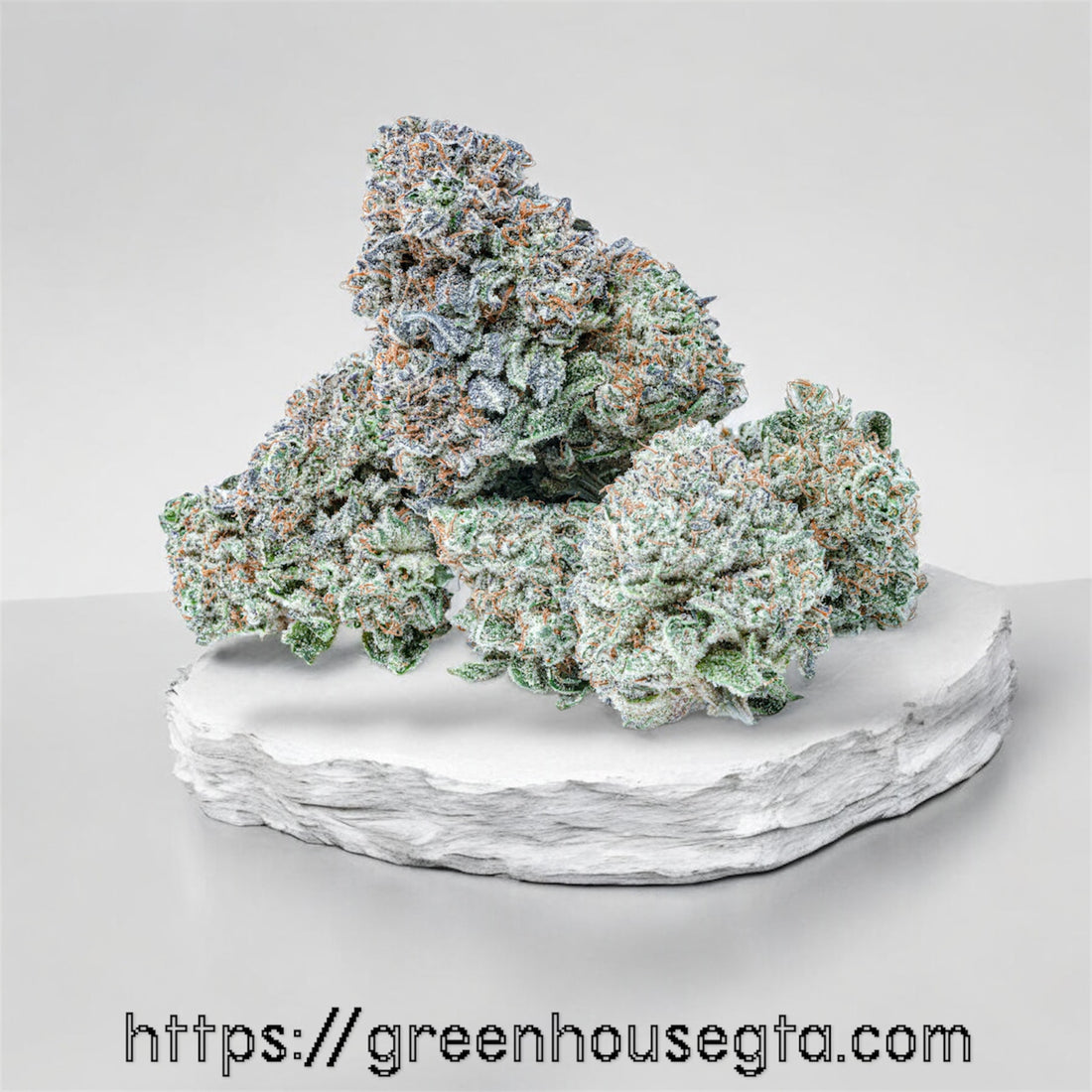 Dantes Inferno AA+ Indica Hybrid cannabis flower on white display base – premium weed bud for same-day delivery in Toronto