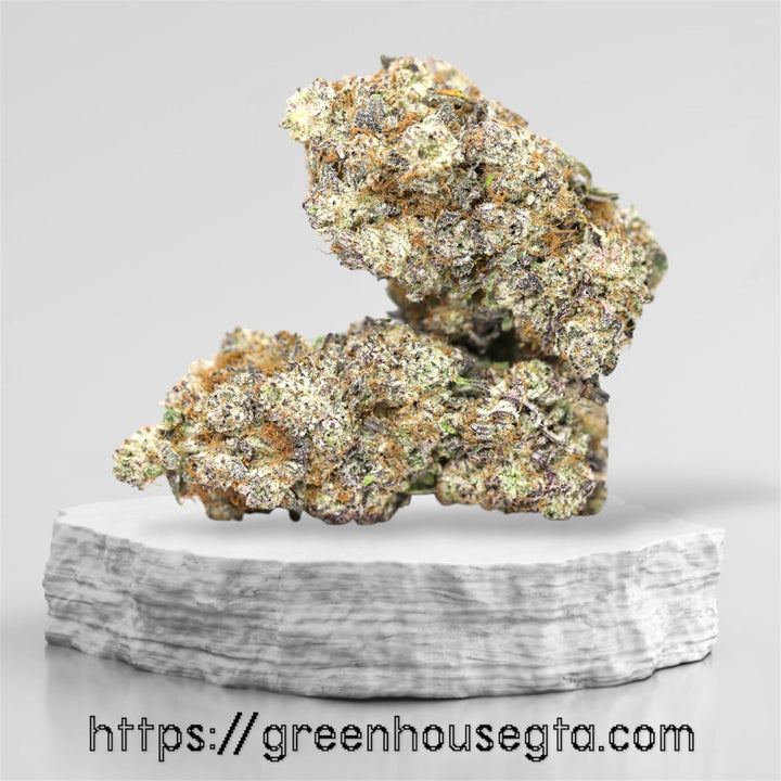 Ice Cream Float strain AAAA+ sativa hybrid 34% THC – frosty purple crystal cannabis buds on marble stand Toronto weed delivery