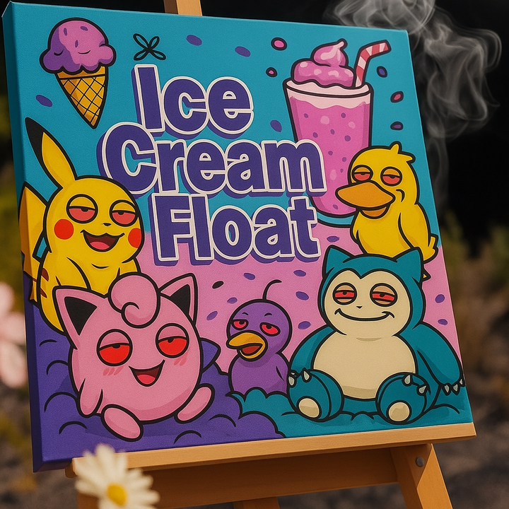 Ice Cream Float strain AAAA+ sativa hybrid 34% THC – cartoon poster with high characters, ice cream theme, Toronto weed delivery