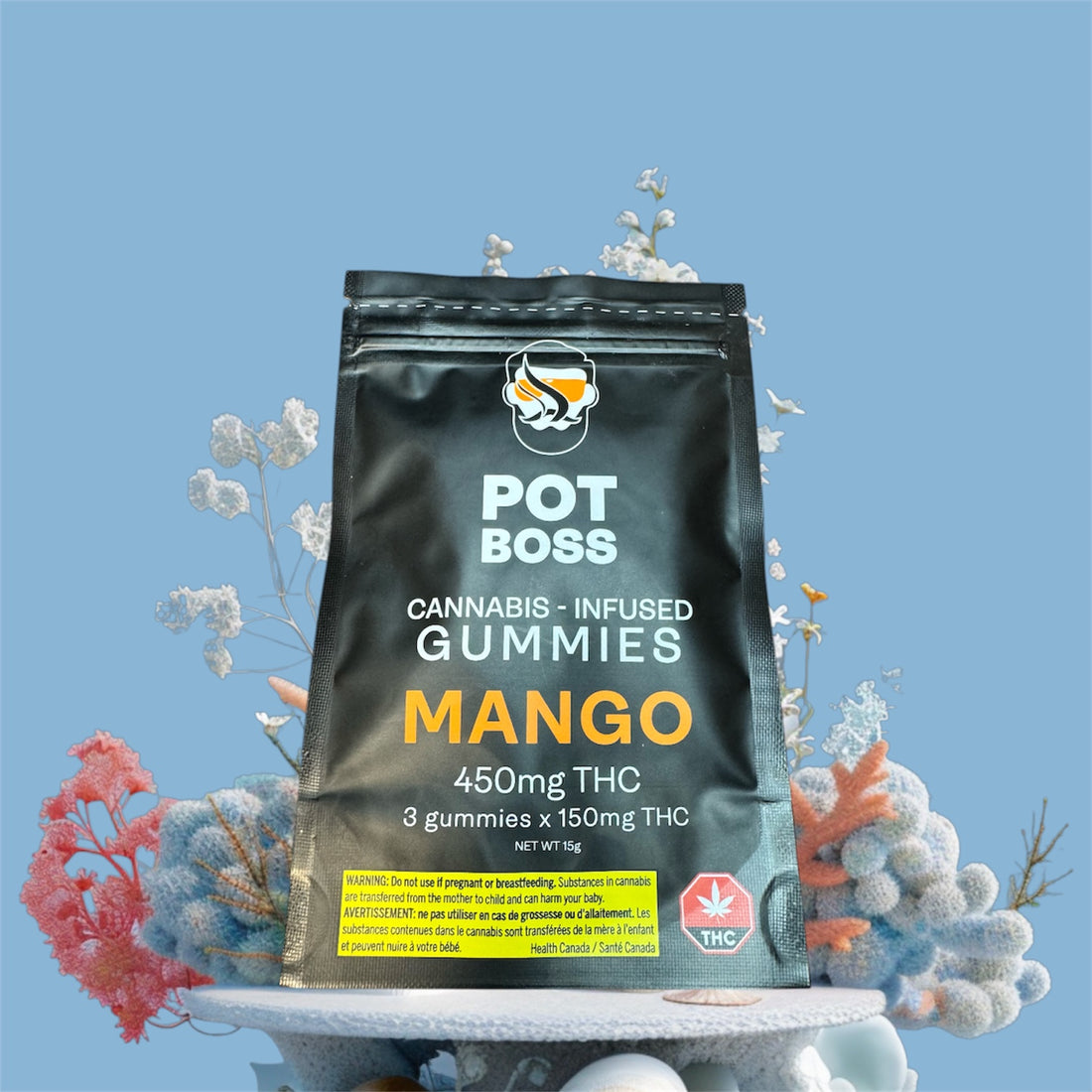 Pot Boss 450mg THC Mango Gummies – cannabis infused edibles on blue background | GreenHouseGTA Toronto weed delivery