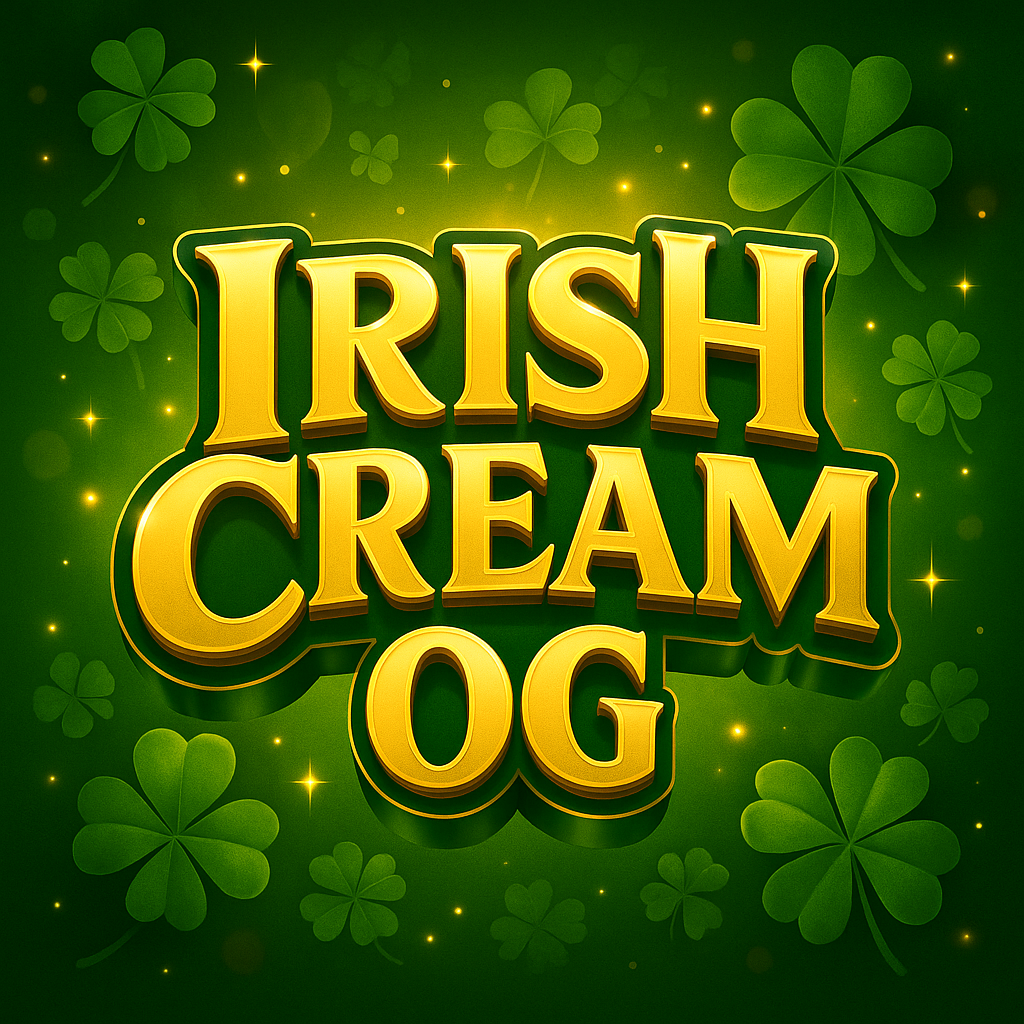 Irish Cream OG premium cannabis banner – gold text on green shamrock background