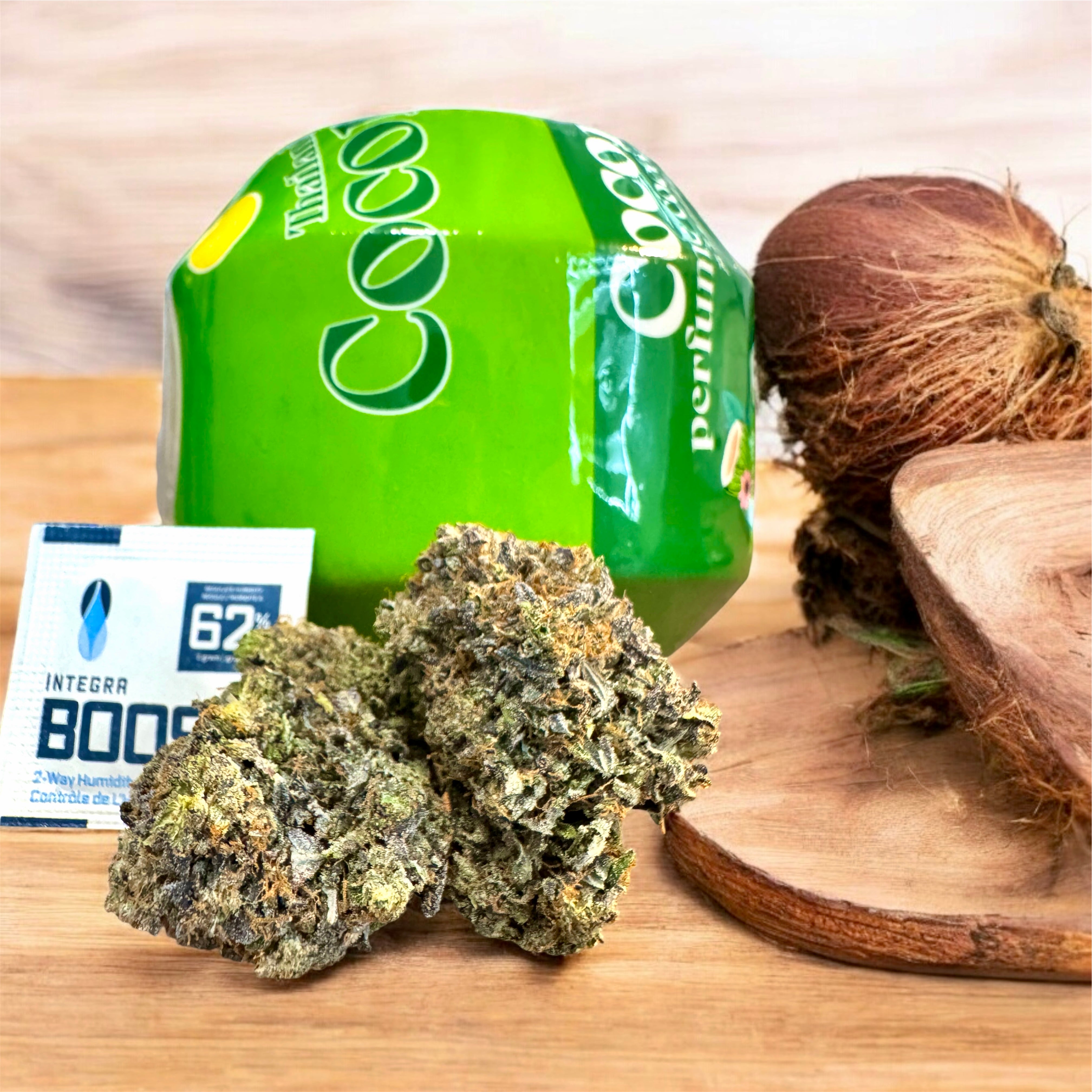 Purple Coconut strain AAAA+ indica 35% THC – cannabis buds with coconut and luxury packaging Toronto weed delivery