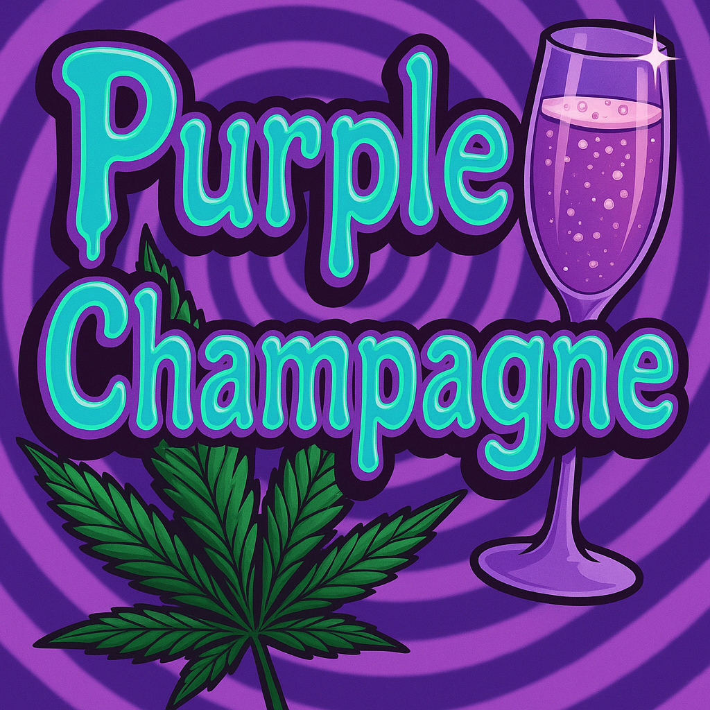 Purple Champagne AAA+ sativa strain artwork – cannabis leaf and champagne glass on purple background – 30% THC 1% CBD – $140/oz Toronto weed delivery