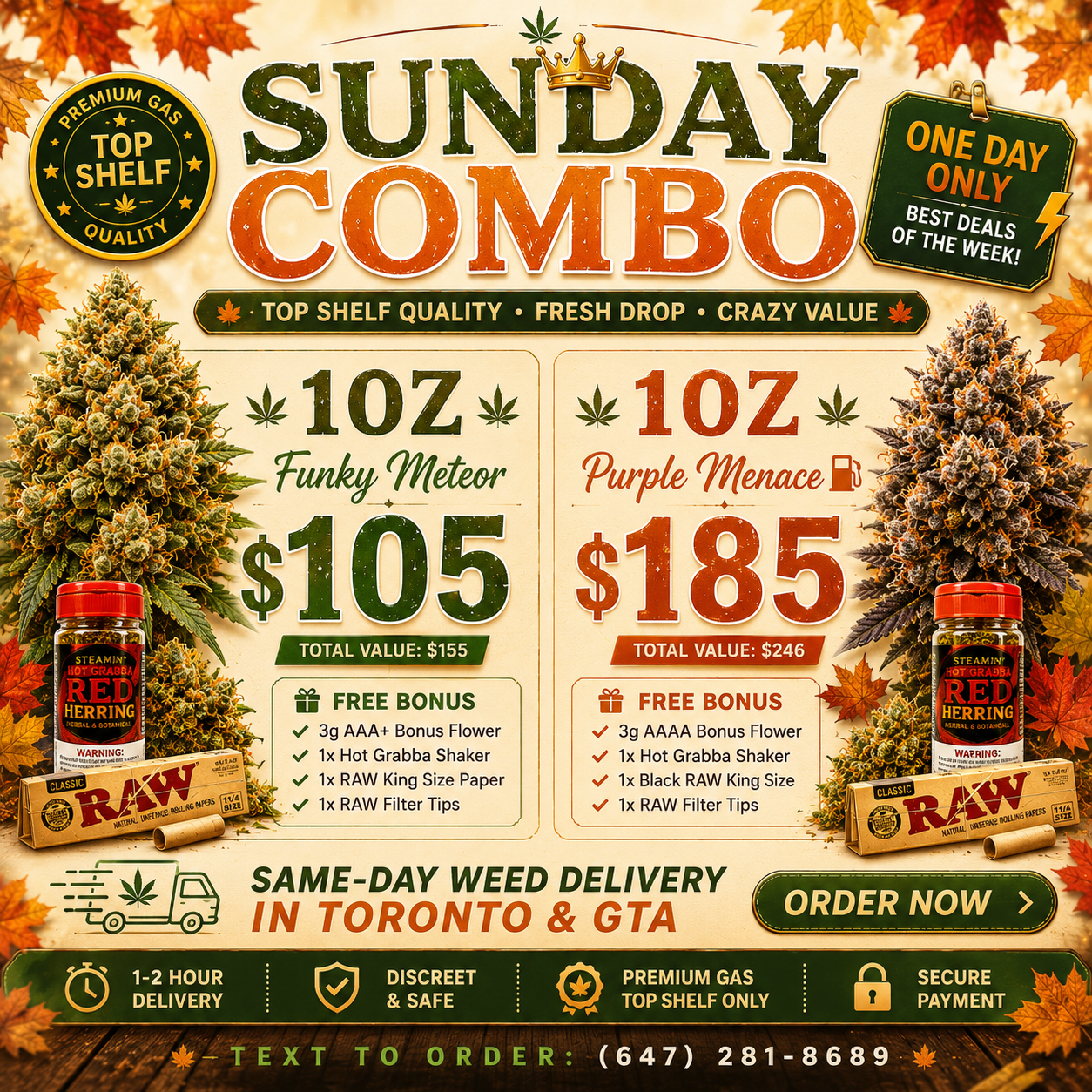 Sunday Combo weed delivery Toronto & GTA – Funky Meteor and Purple Menace flower deals with free bonus gifts