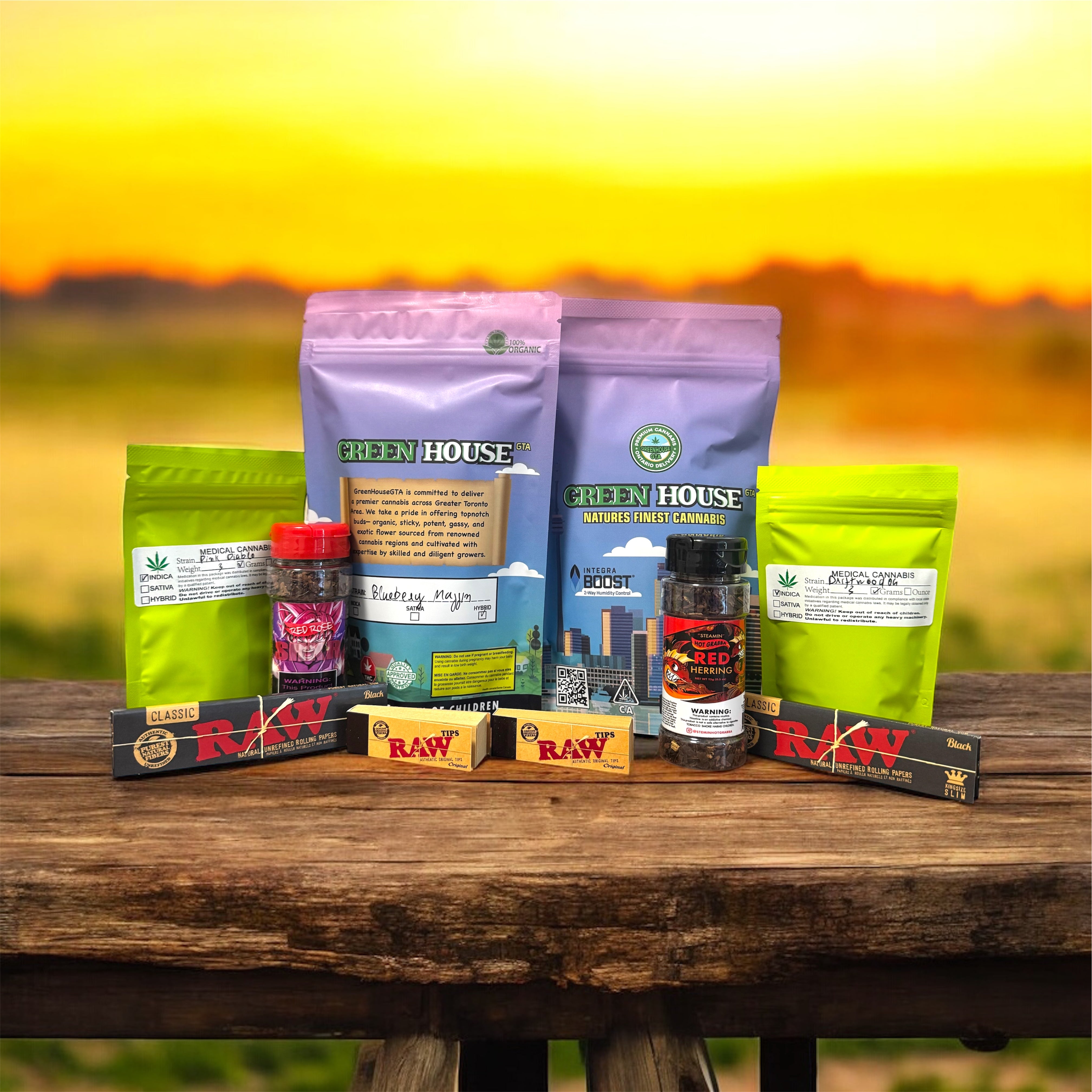 Sunday Combo cannabis gift pack – 1oz gas flower, RAW papers, Raw Filters, Hot Grabba shaker, pack 3grams flower – GreenHouseGTA Toronto weed delivery