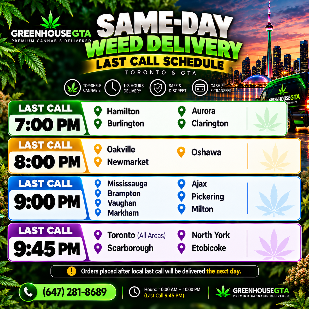 Last call times for same-day weed delivery in Toronto, Scarborough, North York, Etobicoke and GTA