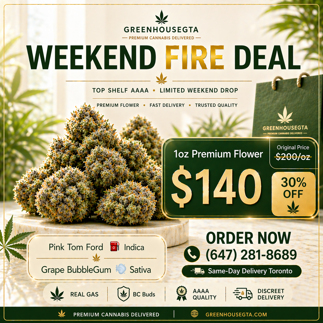 Weed delivery Toronto Weekend Fire Deal AAAA+ flower $140 oz – same-day cannabis delivery GTA