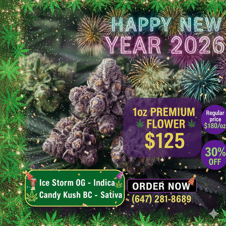 Weekend Fire Deal 2026 by GreenHouseGTA featuring 1oz premium flower for $125 with Ice Storm OG Indica and Candy Kush BC Sativa, New Year weed delivery in Toronto & GTA