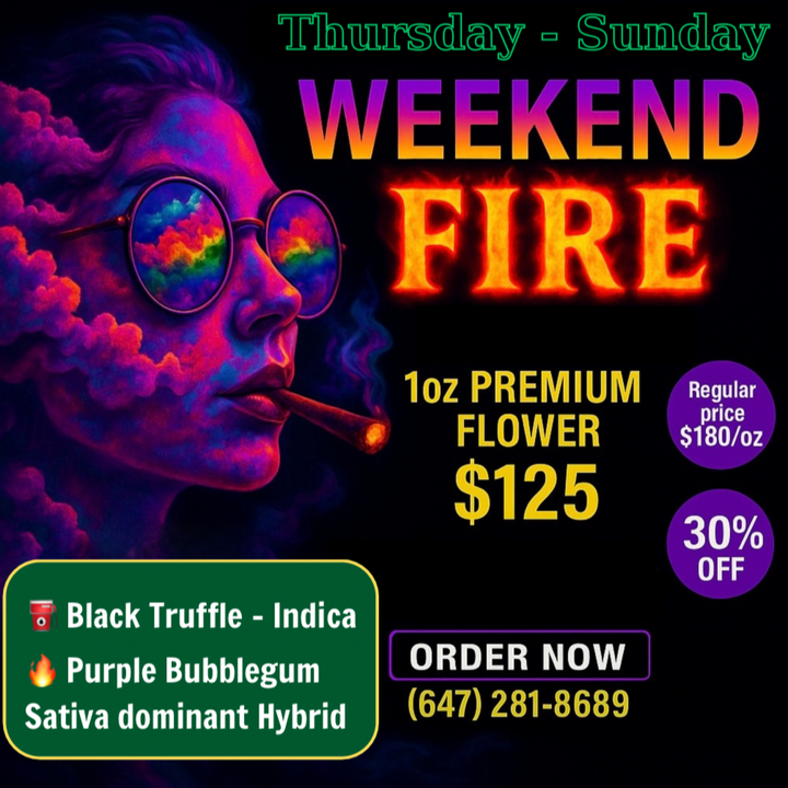 Weekend Fire Deal Oct 2025 – Black Truffle Indica & Purple Bubblegum Sativa Hybrid – $125/oz AAAA premium flower 30% OFF | Same-day weed delivery Toronto & GTA – GreenHouseGTA