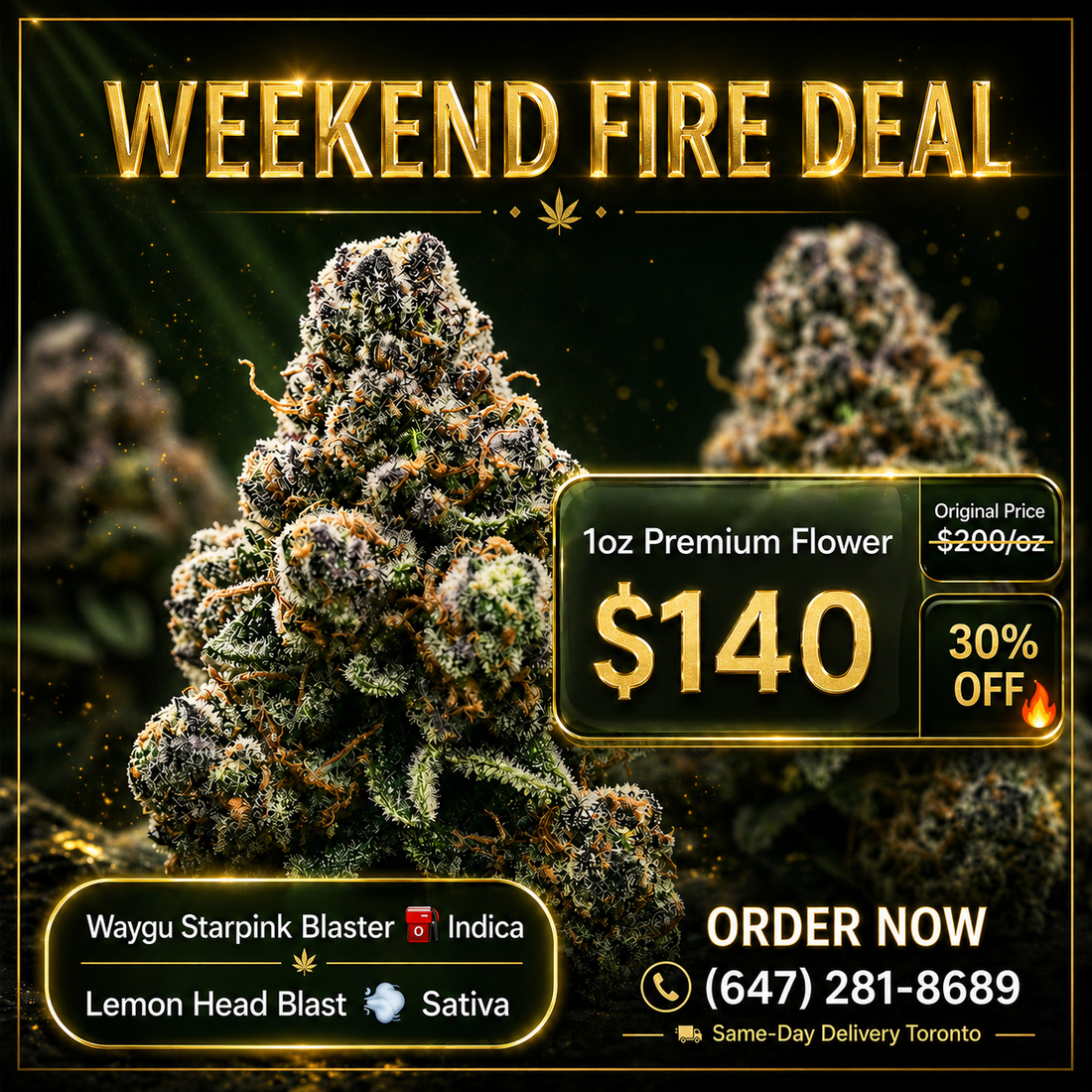 Same-day weed delivery Toronto – Weekend Fire Deal $140 oz AAAA Waygu Starpink Blaster - Indica and Lemon Head Blast - Sativa