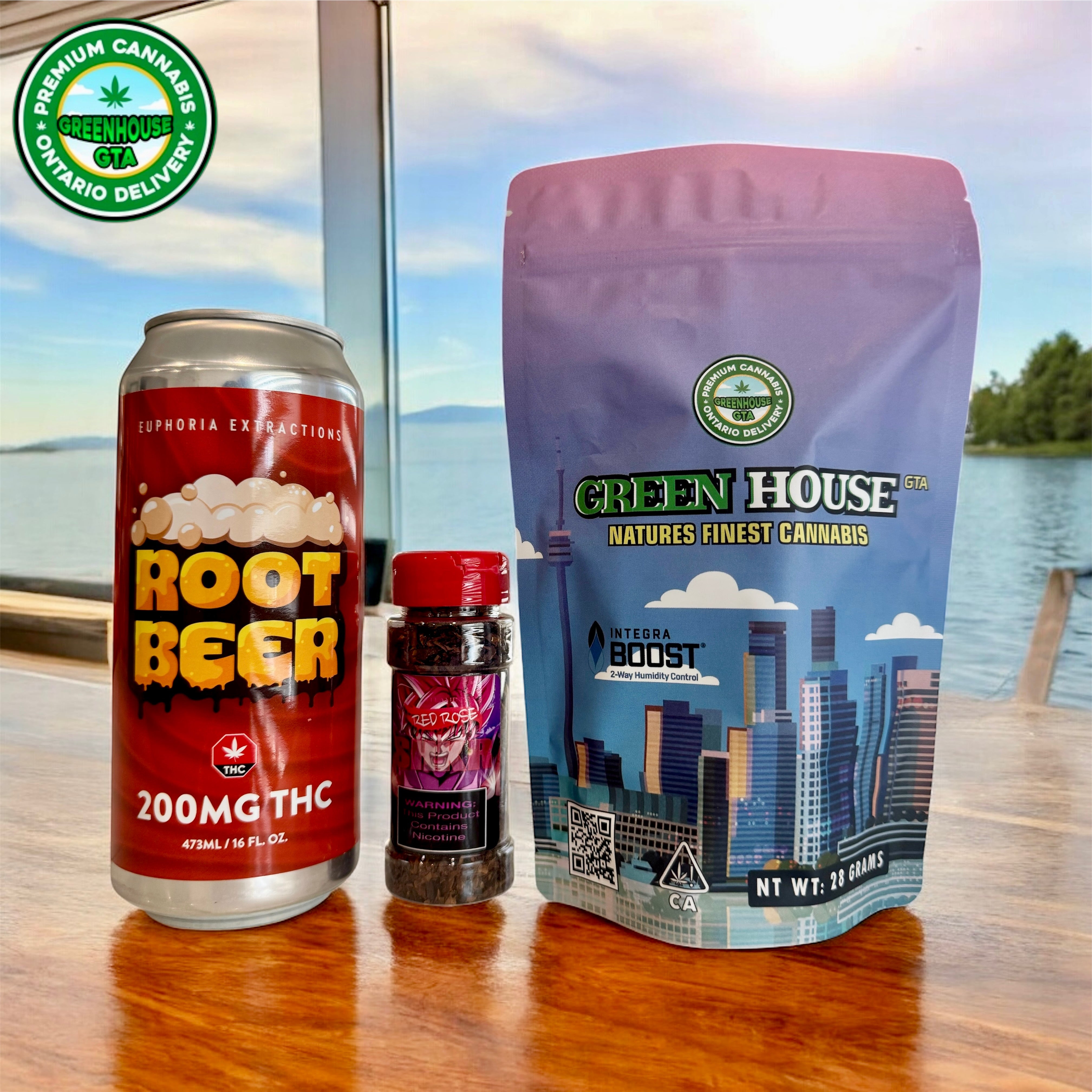 Red Rose Grabba Shaker with GreenHouseGTA 1oz flower and THC Root Beer – premium weed accessories