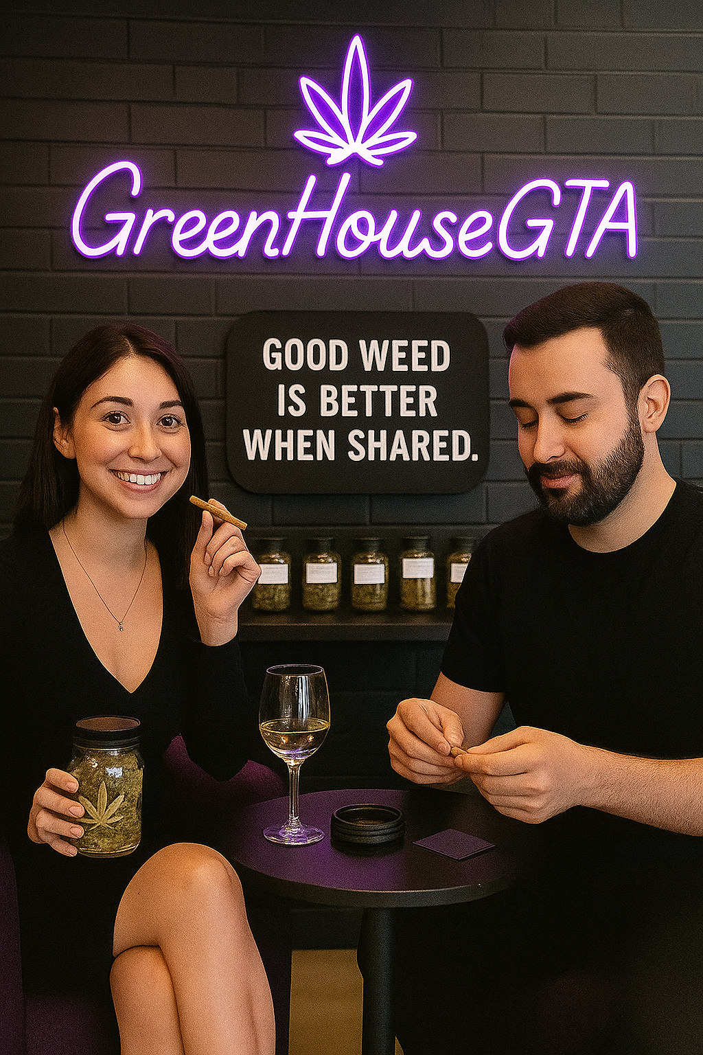 Couple sharing cannabis in front of GreenHouseGTA neon logo with quote 'Good Weed is Better When Shared' in dispensary