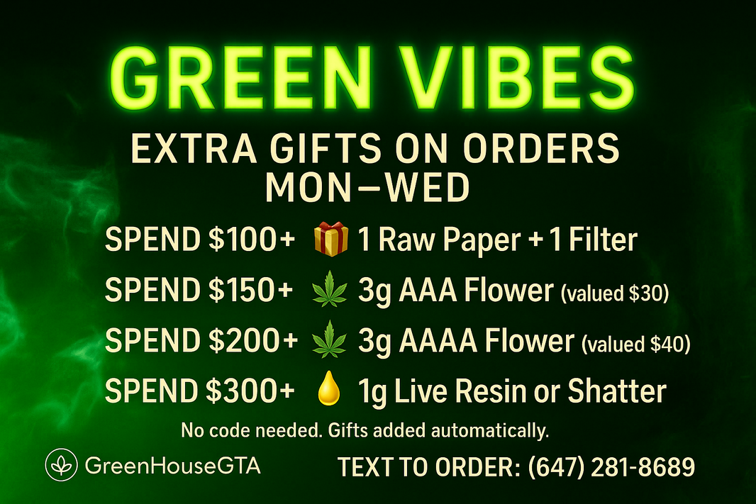 Green Vibes weed deal – free Raw paper, raw tips, 3g flower, 1g live resin on orders $100+ – Toronto cannabis delivery Mon–Wed