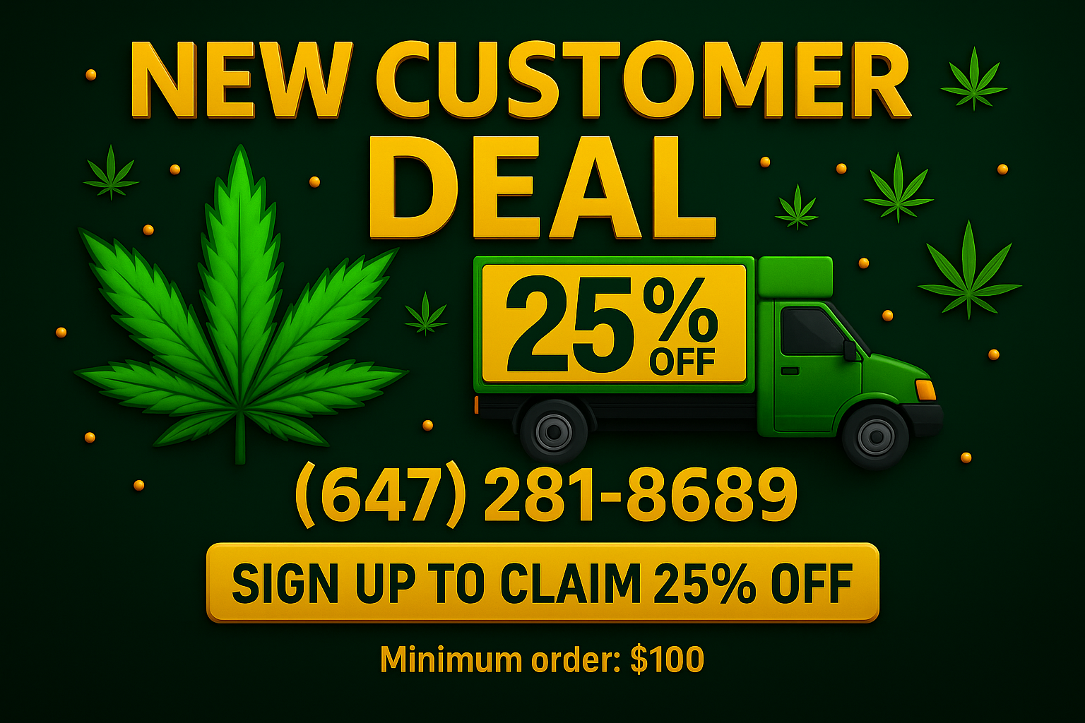 GreenHouseGTA new customer deal banner offering 25% off your first cannabis delivery order in Toronto and the Greater Toronto Area